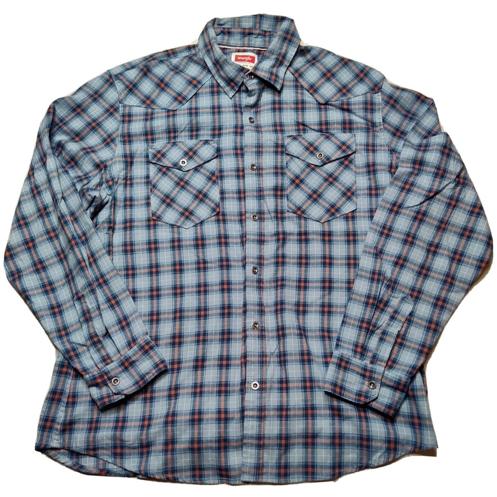WRANGLER WESTERN Men XL Blue Orange Plaid Long Sleeve Button-Up Western Shirt